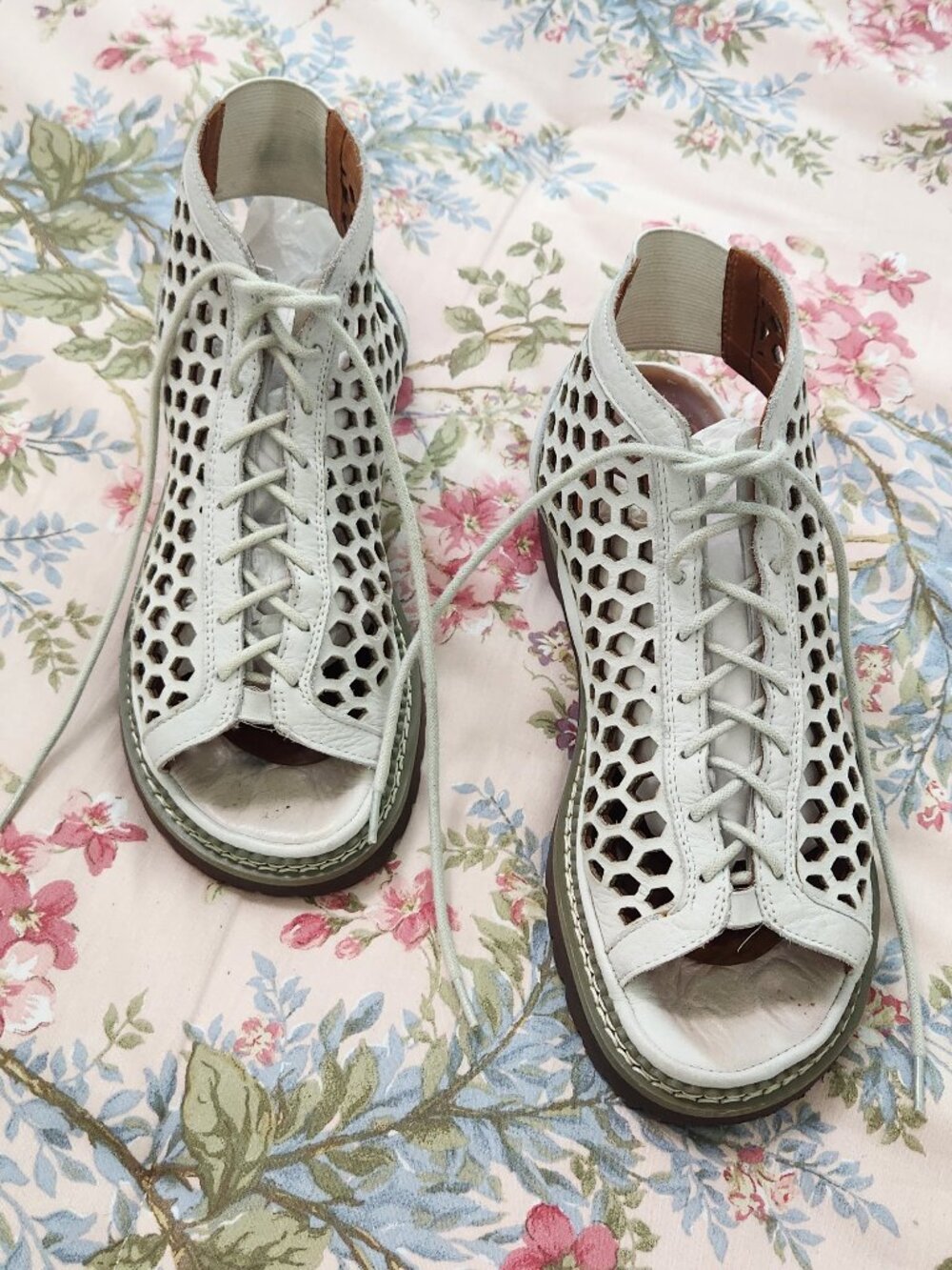 Women’s White Lace-Up Perforated Sandal Boots
